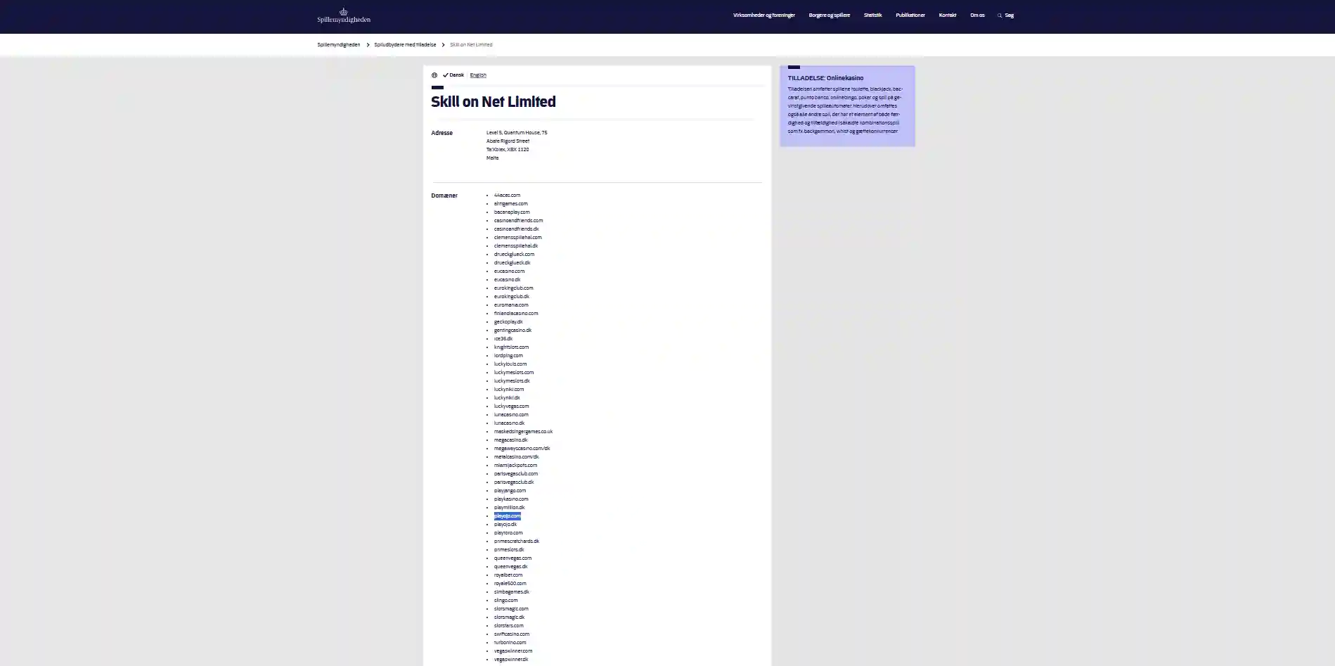 Spillemyndighedens registerside for Skill on Net Limited og PlayOJO-domænerne